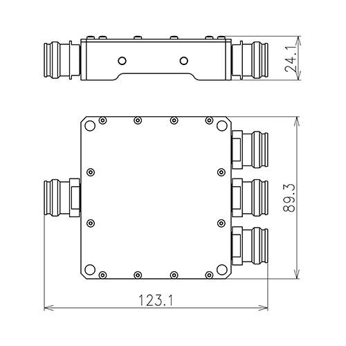 Koaxialer 3-Wege Leistungsteiler 300 W 694-3800 MHz 4.3-10 Buchse Produktbild Side View L