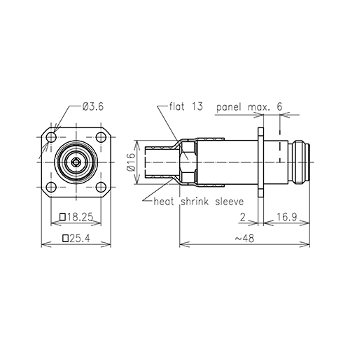 N Buchse 4-Loch-Einbau-Steckverbinder LF 1/4"-50 CAF® O-Ring Produktbild Side View L