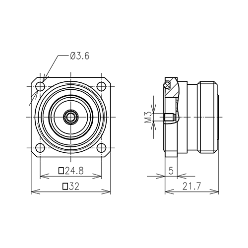 7-16 Buchse 4-Loch-Einbau-Steckverbinder mit Außengewinde M3 Produktbild Side View L