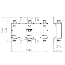 3 : 3 Hybrider Combiner 694-3800 MHz 4.3-10 Buchse DC Port 1 auf 3, 2 auf 2, 3 auf 1 Produktbild