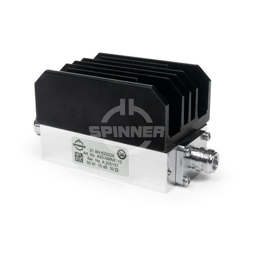 50 W 10 dB attenuator DC-4 GHz N male to N female product photo Front View L
