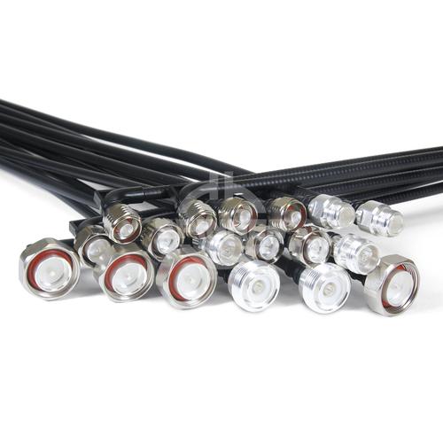 Coaxial jumper cable assembly SF 1/4"-50-FR 7-16 male right angle 7-16 female 4-hole panel 0.6 m product photo Front View L