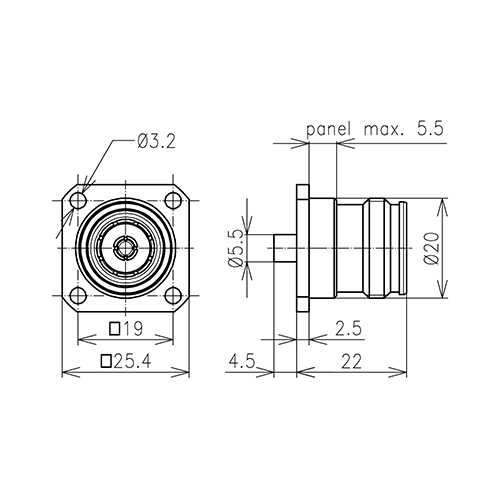4.3-10 enchufe conector panel de montaje 4 hoyos RG402/U Imagen del producto Side View L