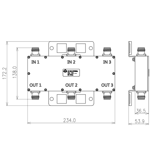 3 : 3 Combinador híbrido 694-2700 MHz 4.3-10 enchufe DC port 1 a 3, 2 a 2, 3 a 1 Imagen del producto Front View L