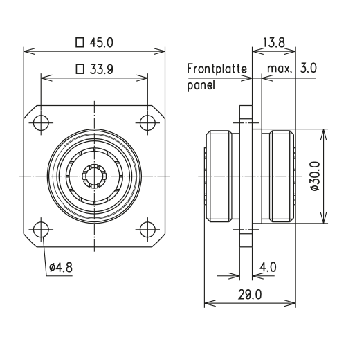 7-16 enchufe a 7-16 enchufe montaje en panel de 4 agujeros adaptador Imagen del producto Side View L